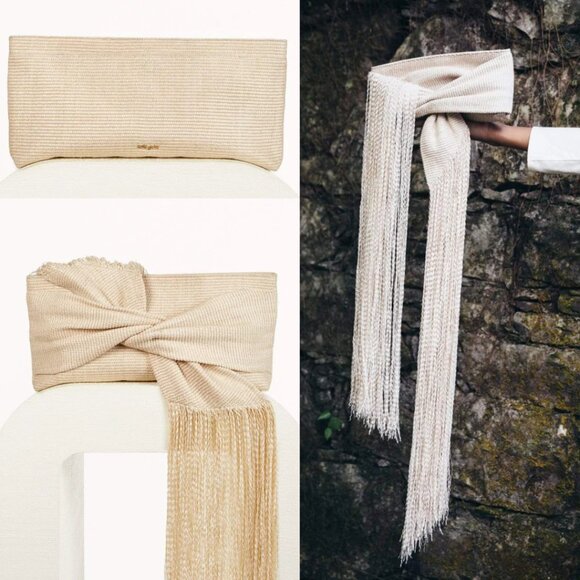 NWT Cult Gaia Banu Fringe Mini Clutch In Cream Raffia Woven Fabric Knot Detail